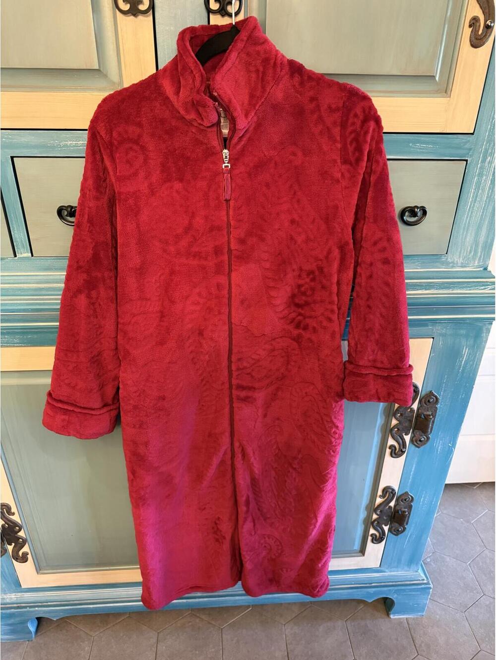 Oscar de la Renta Red Plush Zip-Up Coat S/M